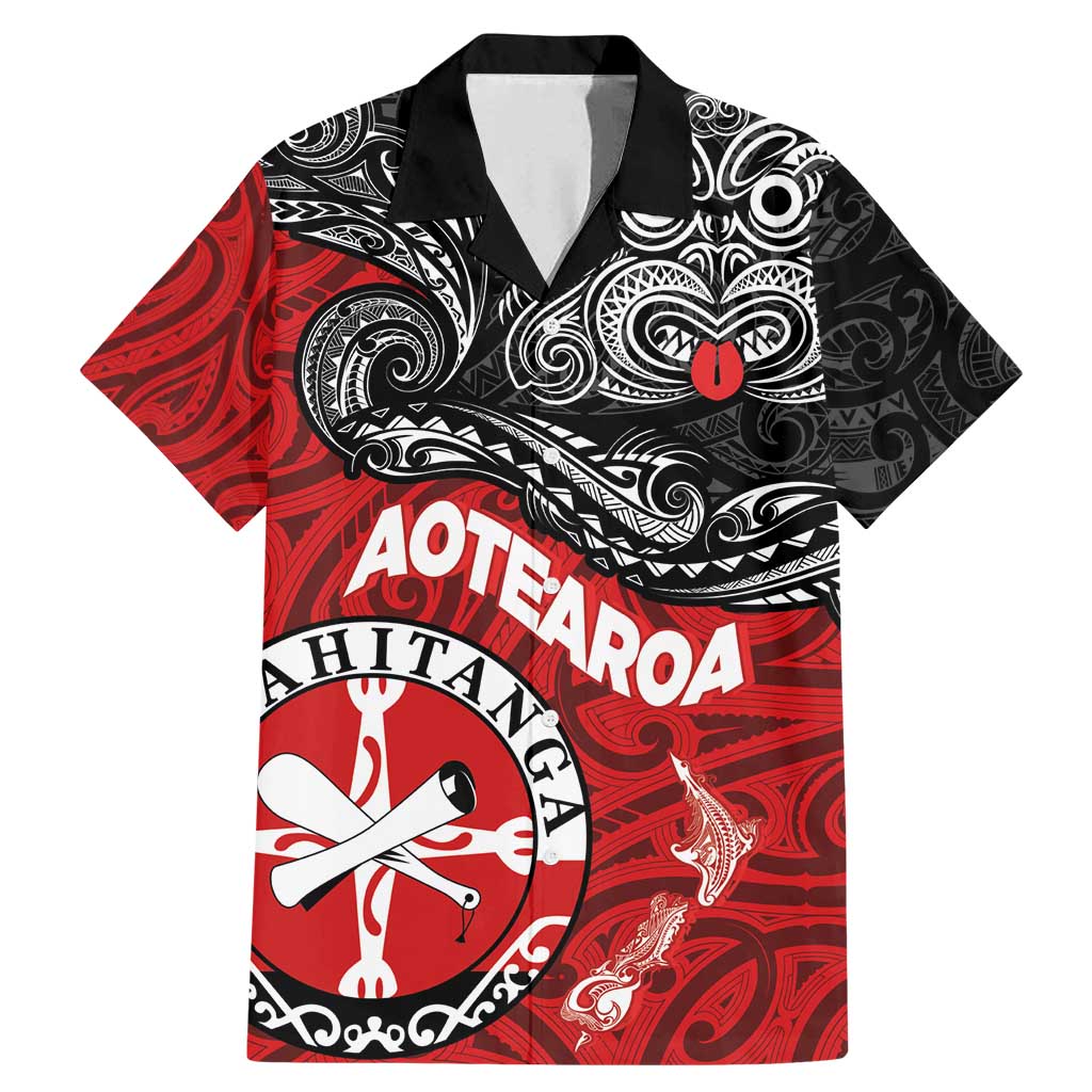Maori Kotahitanga Family Matching Mermaid Dress and Hawaiian Shirt Aotearoa Spirit with Maori Mask and Polynesian Art Tattoo LT03 Dad's Shirt - Short Sleeve Red - Polynesian Pride