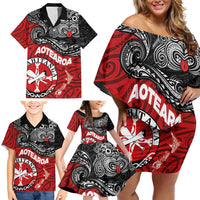 Maori Kotahitanga Family Matching Off Shoulder Short Dress and Hawaiian Shirt Aotearoa Spirit with Maori Mask and Polynesian Art Tattoo LT03 - Polynesian Pride