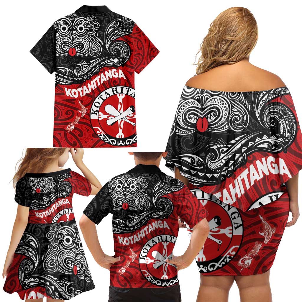 Maori Kotahitanga Family Matching Off Shoulder Short Dress and Hawaiian Shirt Aotearoa Spirit with Maori Mask and Polynesian Art Tattoo LT03 - Polynesian Pride