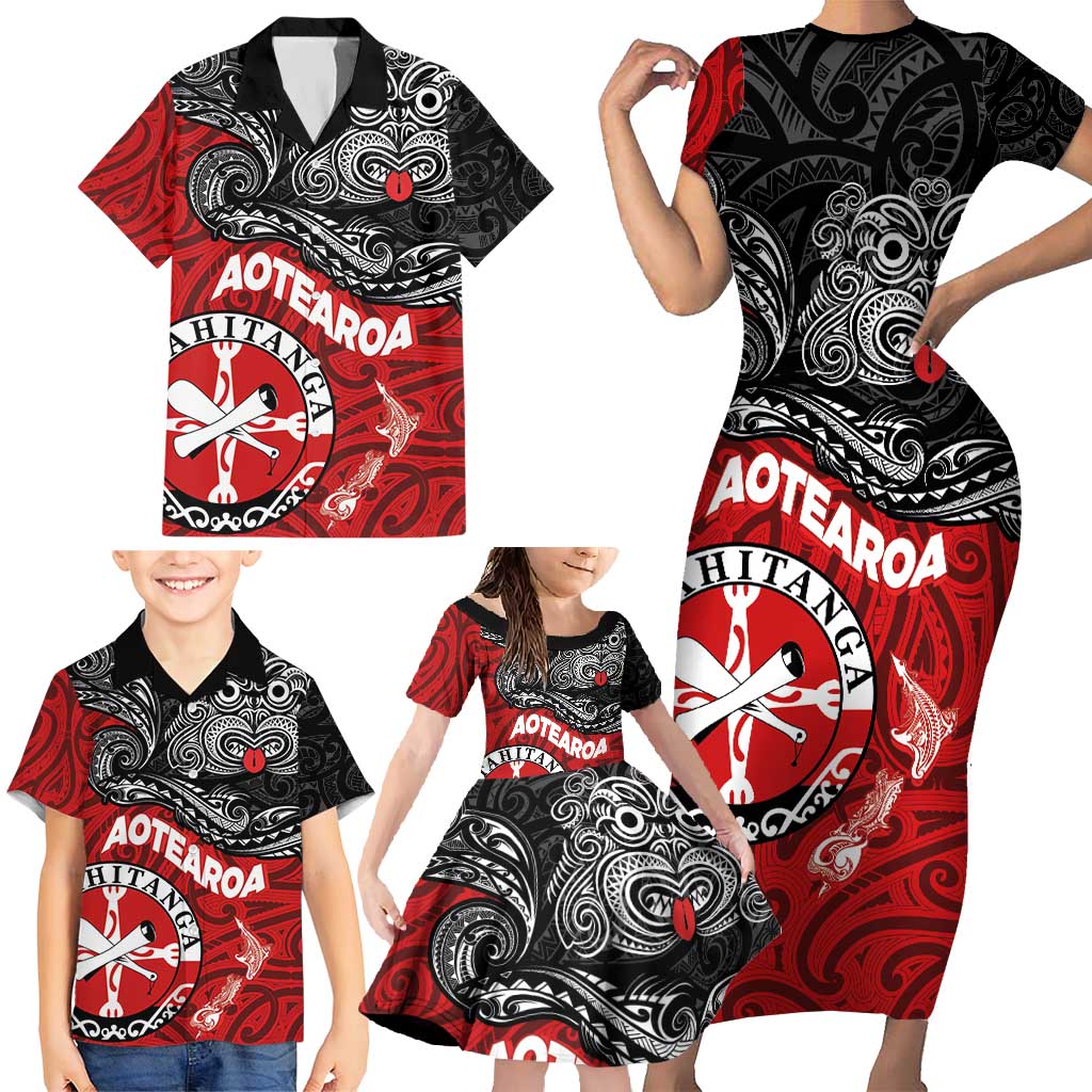 Maori Kotahitanga Family Matching Short Sleeve Bodycon Dress and Hawaiian Shirt Aotearoa Spirit with Maori Mask and Polynesian Art Tattoo LT03 - Polynesian Pride