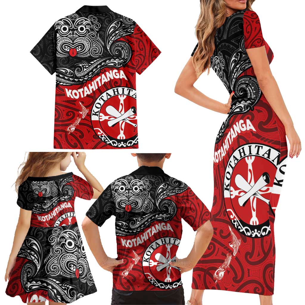 Maori Kotahitanga Family Matching Short Sleeve Bodycon Dress and Hawaiian Shirt Aotearoa Spirit with Maori Mask and Polynesian Art Tattoo LT03 - Polynesian Pride