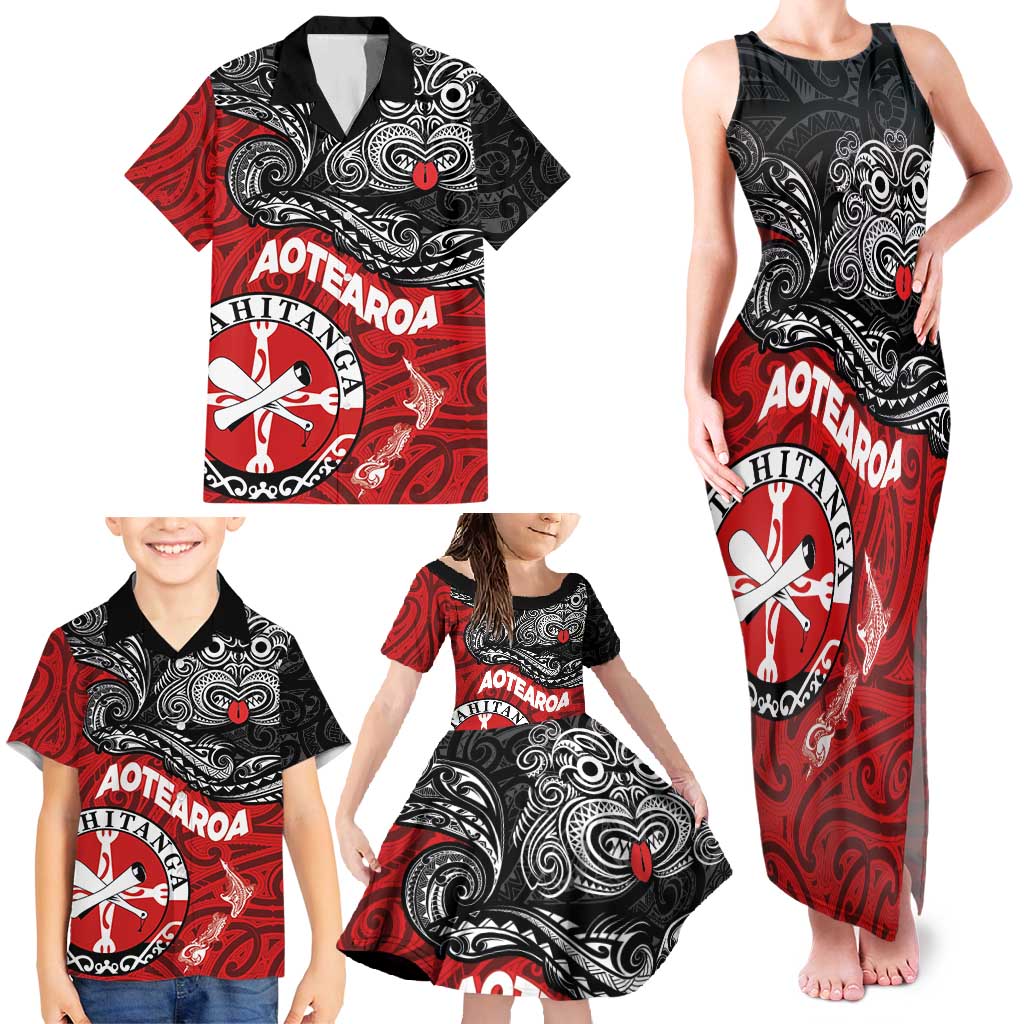 Maori Kotahitanga Family Matching Tank Maxi Dress and Hawaiian Shirt Aotearoa Spirit with Maori Mask and Polynesian Art Tattoo