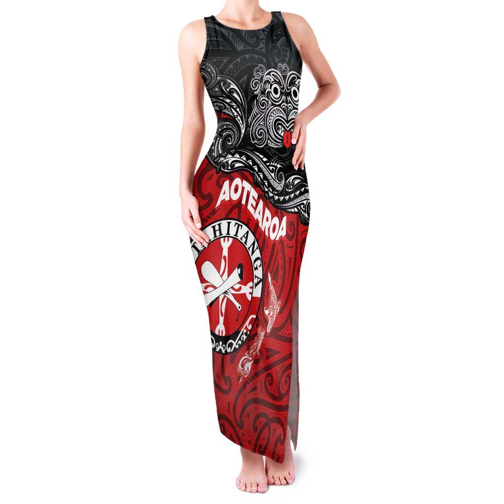 Maori Kotahitanga Family Matching Tank Maxi Dress and Hawaiian Shirt Aotearoa Spirit with Maori Mask and Polynesian Art Tattoo