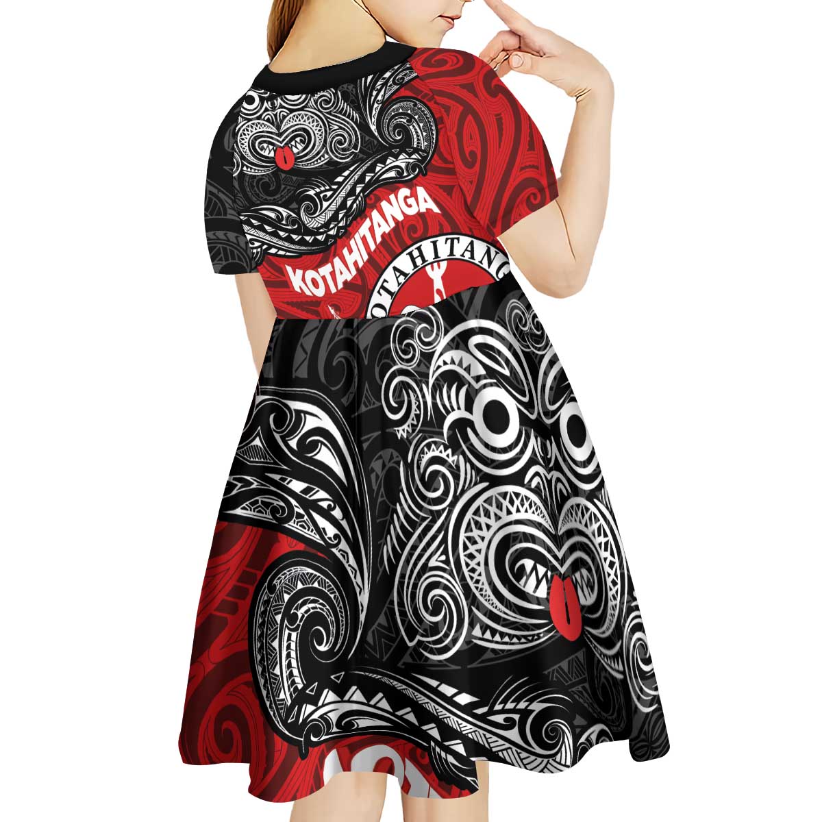 Maori Kotahitanga Kid Short Sleeve Dress Aotearoa Spirit with Maori Mask and Polynesian Art Tattoo LT03 - Polynesian Pride