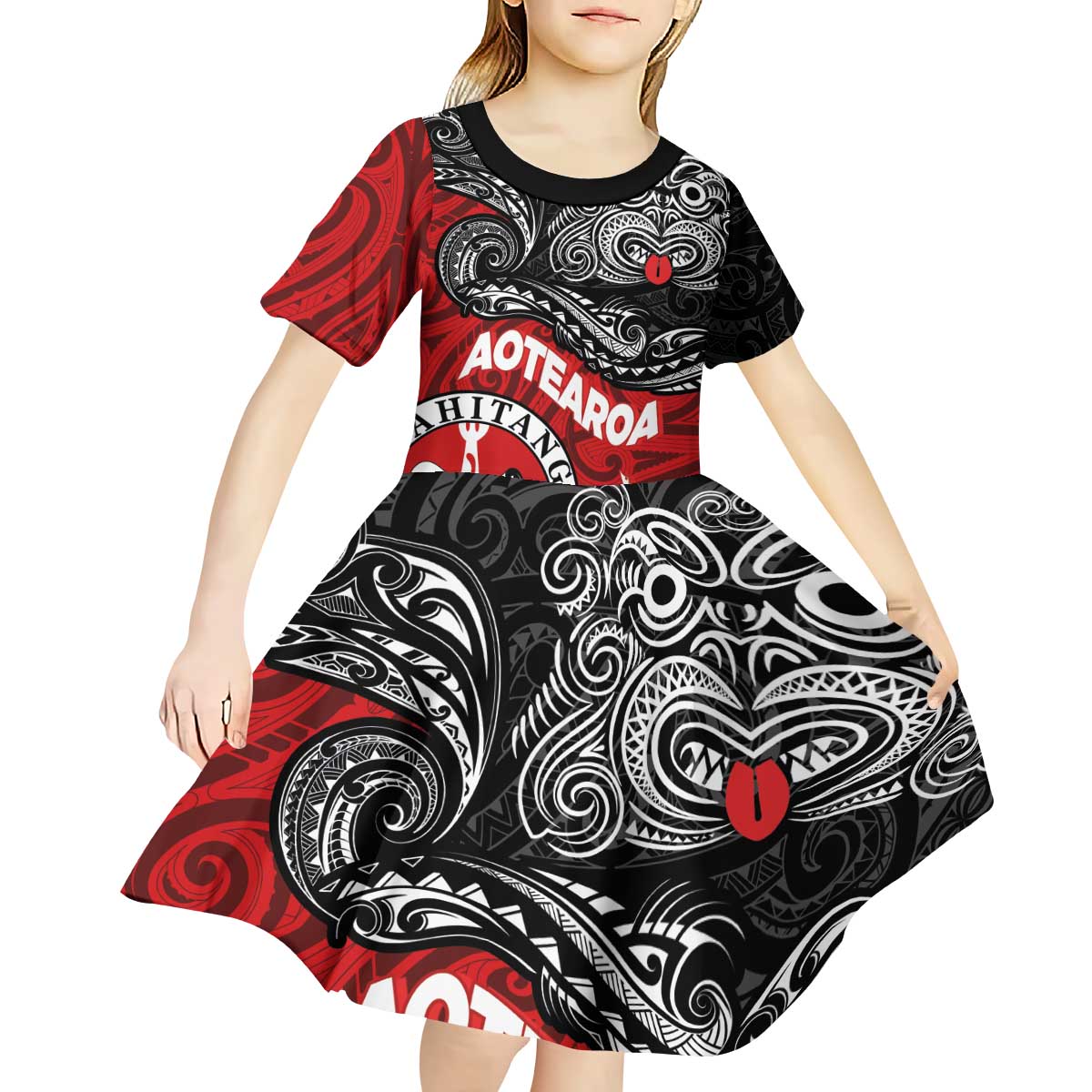 Maori Kotahitanga Kid Short Sleeve Dress Aotearoa Spirit with Maori Mask and Polynesian Art Tattoo LT03 - Polynesian Pride