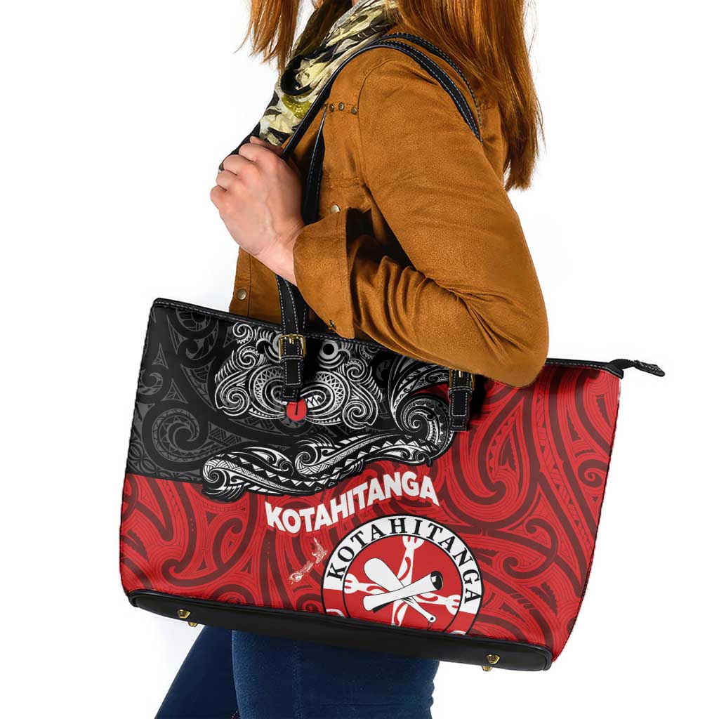 Maori Kotahitanga Leather Tote Bag Aotearoa Spirit with Maori Mask and Polynesian Art Tattoo LT03 Red - Polynesian Pride