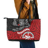 Maori Kotahitanga Leather Tote Bag Aotearoa Spirit with Maori Mask and Polynesian Art Tattoo LT03 - Polynesian Pride