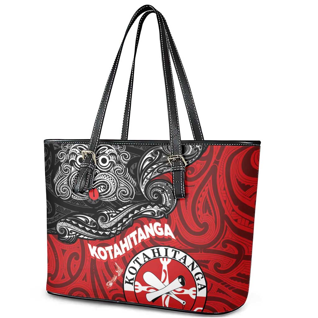 Maori Kotahitanga Leather Tote Bag Aotearoa Spirit with Maori Mask and Polynesian Art Tattoo LT03 - Polynesian Pride