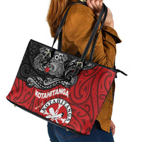 Maori Kotahitanga Leather Tote Bag Aotearoa Spirit with Maori Mask and Polynesian Art Tattoo LT03 - Polynesian Pride