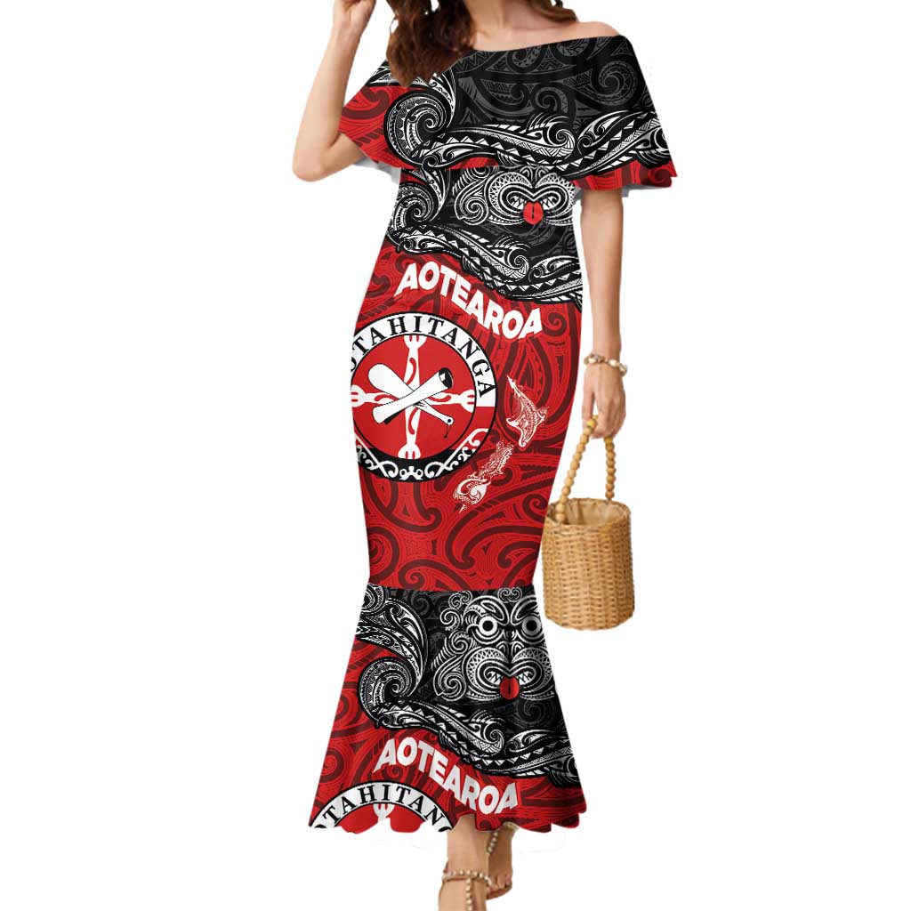 Maori Kotahitanga Mermaid Dress Aotearoa Spirit with Maori Mask and Polynesian Art Tattoo