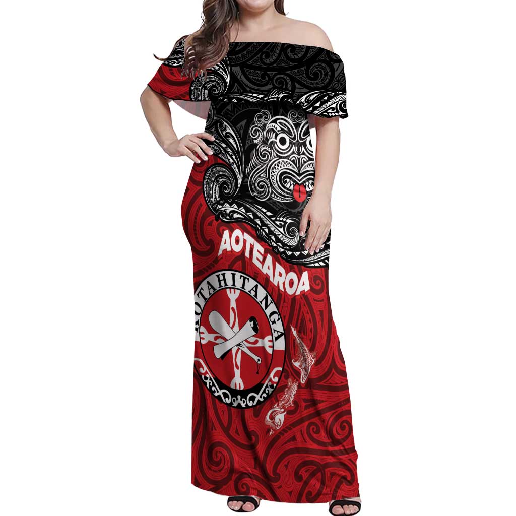Maori Kotahitanga Off Shoulder Maxi Dress Aotearoa Spirit with Maori Mask and Polynesian Art Tattoo
