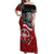 Maori Kotahitanga Off Shoulder Maxi Dress Aotearoa Spirit with Maori Mask and Polynesian Art Tattoo