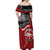 Maori Kotahitanga Off Shoulder Maxi Dress Aotearoa Spirit with Maori Mask and Polynesian Art Tattoo