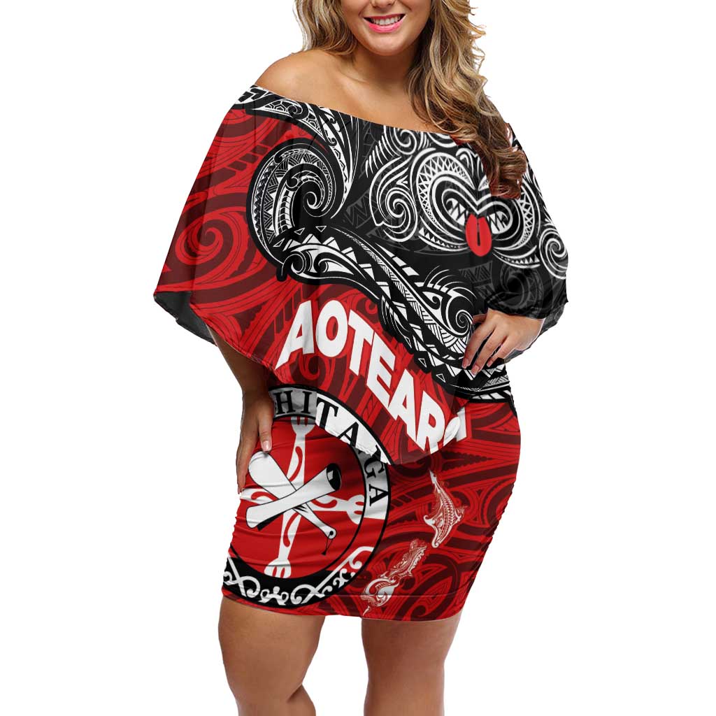 Maori Kotahitanga Off Shoulder Short Dress Aotearoa Spirit with Maori Mask and Polynesian Art Tattoo