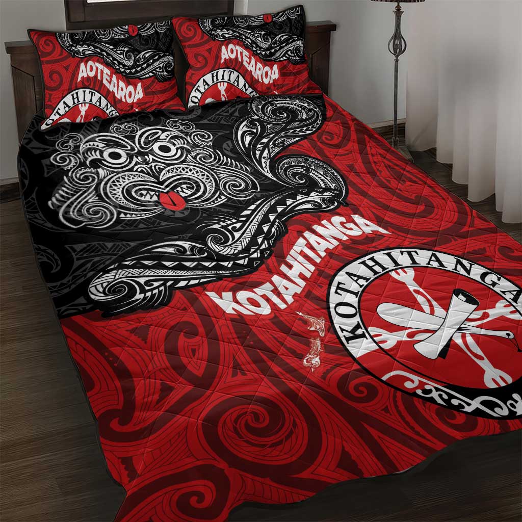 Maori Kotahitanga Quilt Bed Set Aotearoa Spirit with Maori Mask and Polynesian Art Tattoo