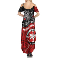 Maori Kotahitanga Summer Maxi Dress Aotearoa Spirit with Maori Mask and Polynesian Art Tattoo