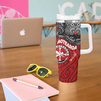 Maori Kotahitanga Tumbler With Handle Aotearoa Spirit with Maori Mask and Polynesian Art Tattoo LT03