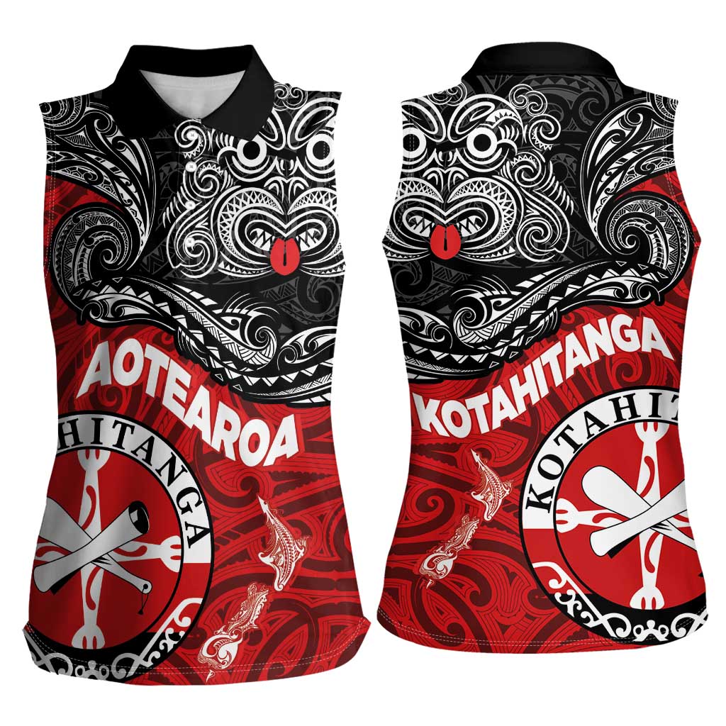 Maori Kotahitanga Women Sleeveless Polo Shirt Aotearoa Spirit with Maori Mask and Polynesian Art Tattoo