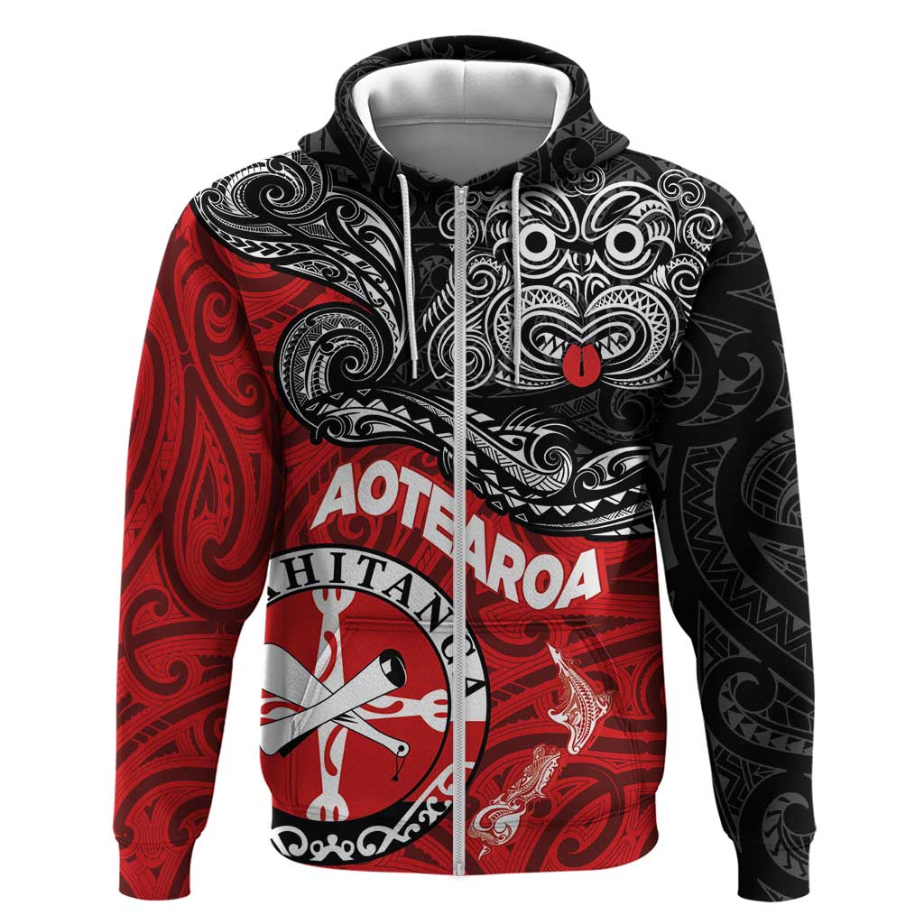 Maori Kotahitanga Zip Hoodie Aotearoa Spirit with Maori Mask and Polynesian Art Tattoo LT03 Zip Hoodie Red - Polynesian Pride