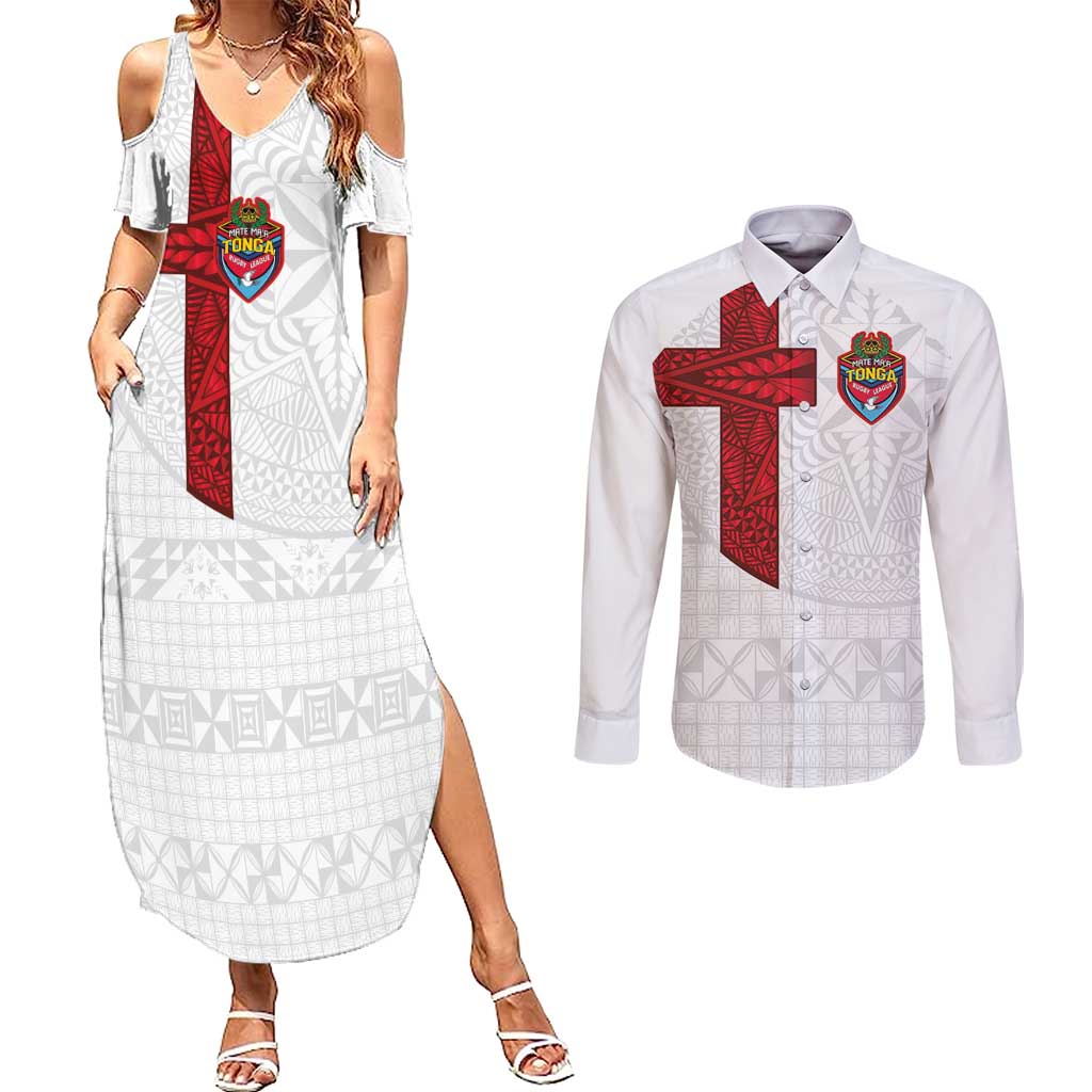 Custom Tonga Ngatu Art Rugby Mate Ma'a Couples Matching Summer Maxi Dress and Long Sleeve Button Shirt - Polynesian Pride