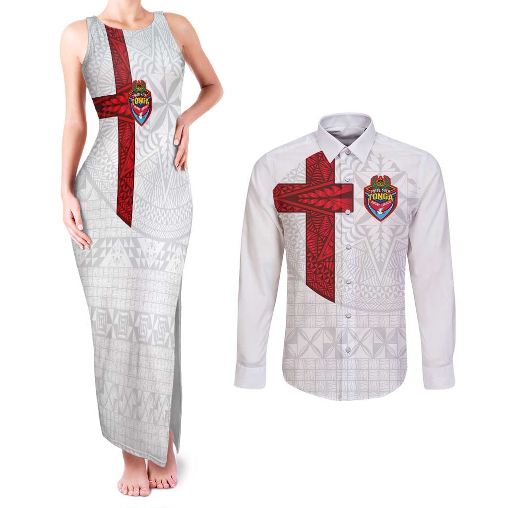 Custom Tonga Ngatu Art Rugby Mate Ma'a Couples Matching Tank Maxi Dress and Long Sleeve Button Shirt - Polynesian Pride