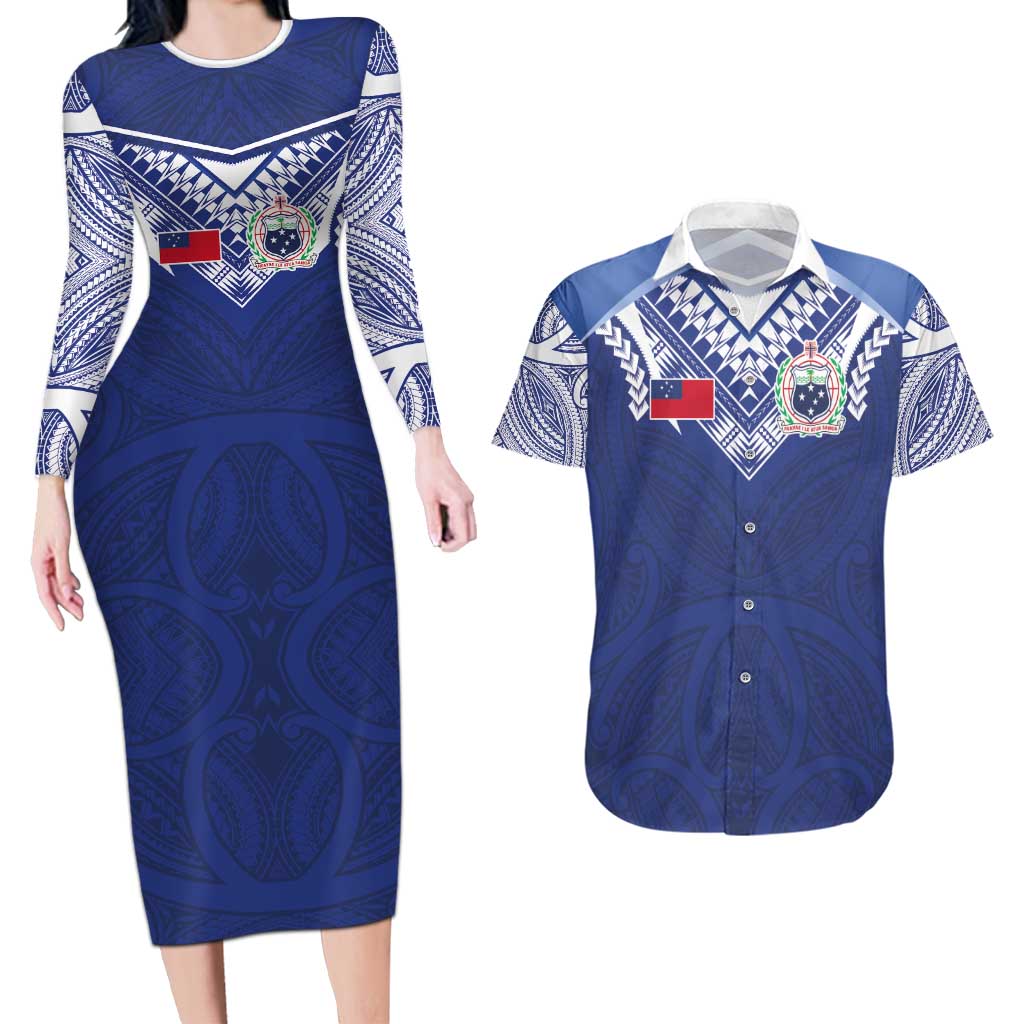 Custom Samoa Rugby Couples Matching Long Sleeve Bodycon Dress and Hawaiian Shirt Pacific Motifs - Polynesian Pride