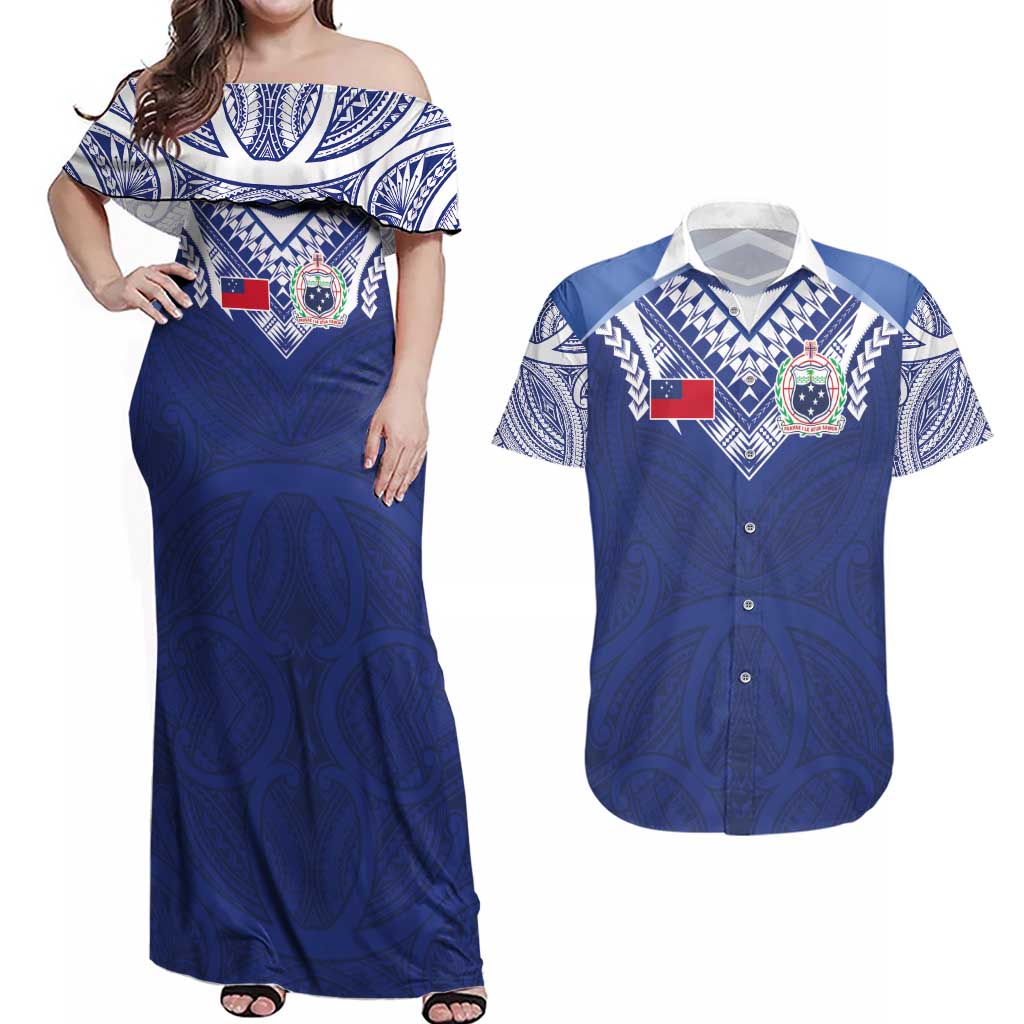 Custom Samoa Rugby Couples Matching Off Shoulder Maxi Dress and Hawaiian Shirt Pacific Motifs - Polynesian Pride