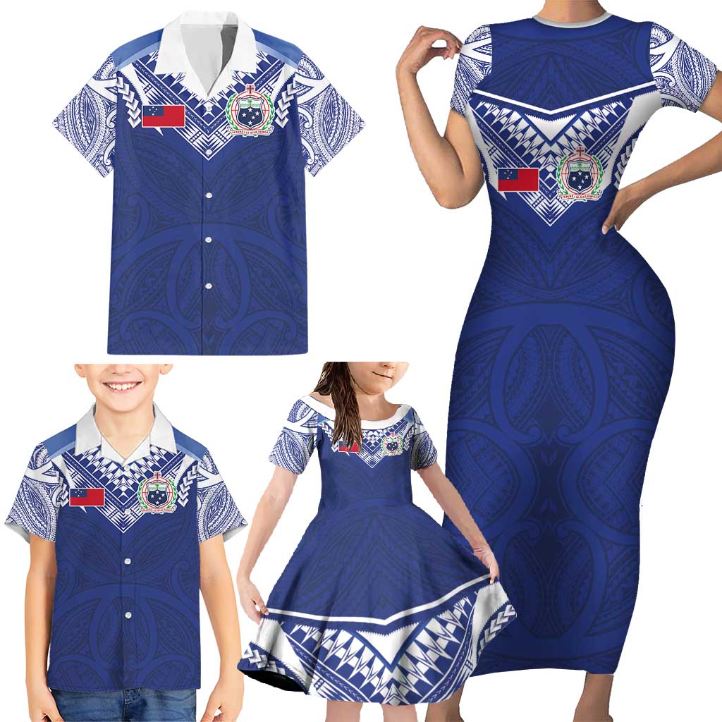 Custom Samoa Rugby Family Matching Short Sleeve Bodycon Dress and Hawaiian Shirt Pacific Motifs - Polynesian Pride
