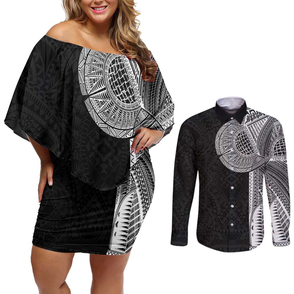 Samoan Tatau Couples Matching Off Shoulder Short Dress and Long Sleeve Button Shirt Art Tribal Traditional Tattoos - Polynesian Pride