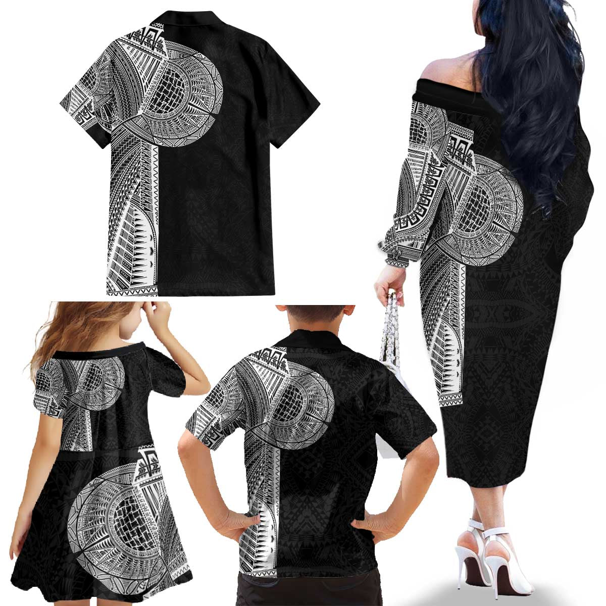 Samoan Tatau Family Matching Off The Shoulder Long Sleeve Dress and Hawaiian Shirt Art Tribal Traditional Tattoos - Polynesian Pride