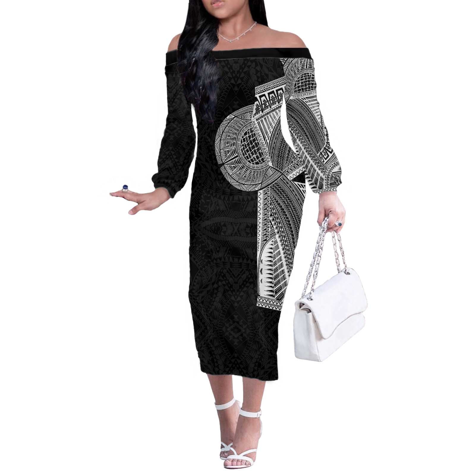 Samoan Tatau Off The Shoulder Long Sleeve Dress Art Tribal Traditional Tattoos - Polynesian Pride