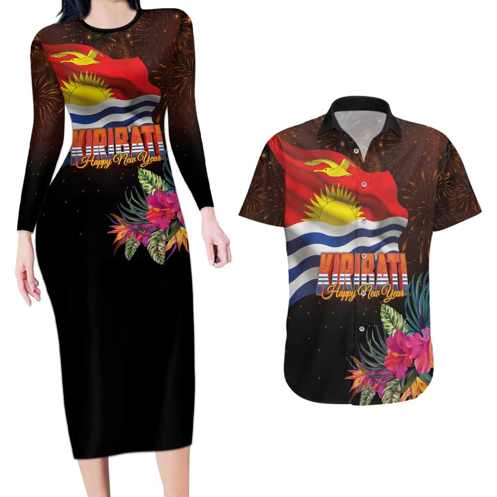 Kiribati Flag and Fireworks Couples Matching Long Sleeve Bodycon Dress and Hawaiian Shirt First Place Welcome the New Year - Polynesian Pride