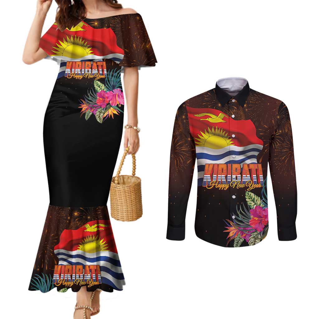 Kiribati Flag and Fireworks Couples Matching Mermaid Dress and Long Sleeve Button Shirt First Place Welcome the New Year - Polynesian Pride