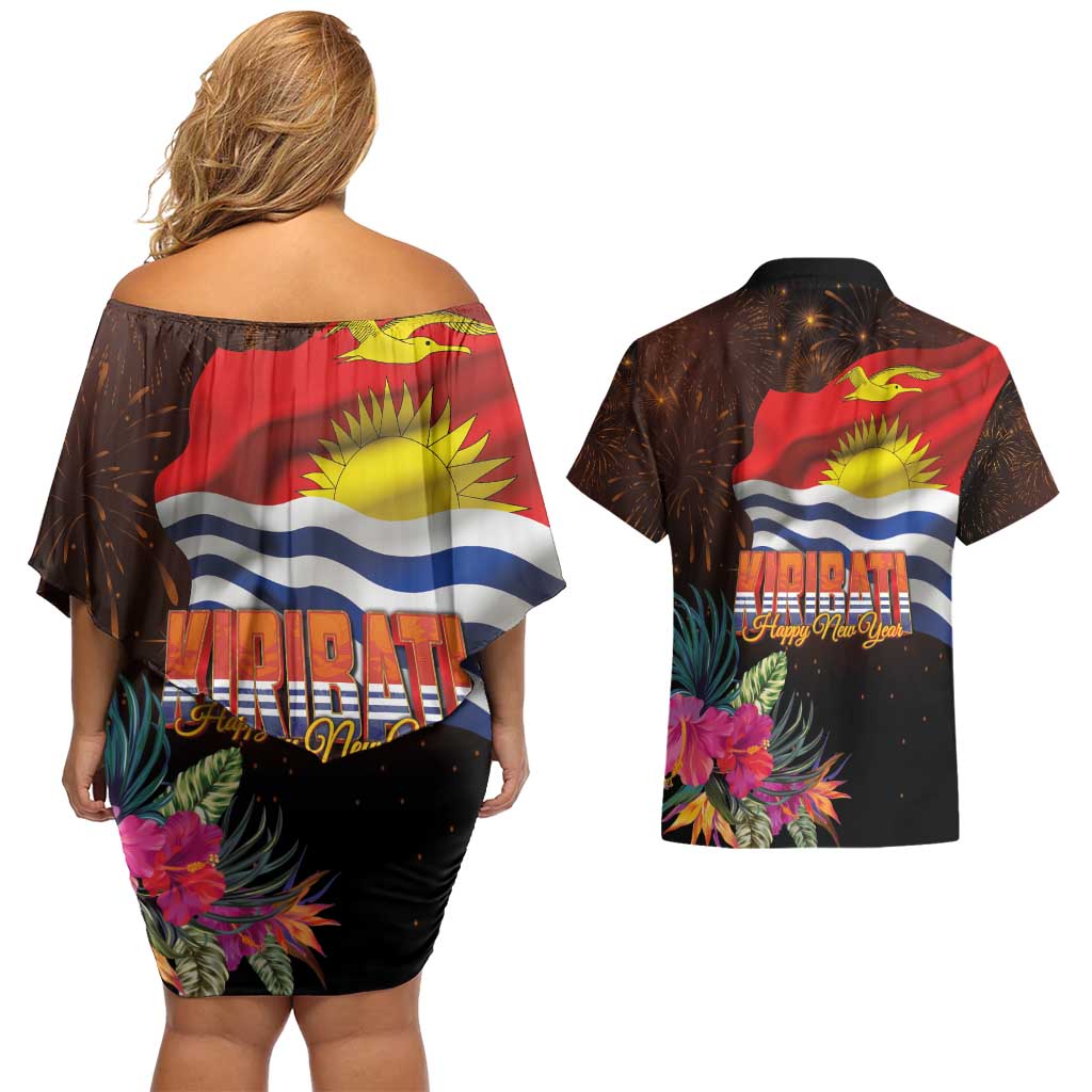 Kiribati Flag and Fireworks Couples Matching Off Shoulder Short Dress and Hawaiian Shirt First Place Welcome the New Year - Polynesian Pride