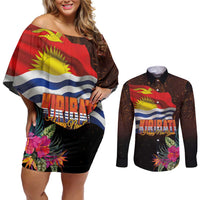 Kiribati Flag and Fireworks Couples Matching Off Shoulder Short Dress and Long Sleeve Button Shirt First Place Welcome the New Year - Polynesian Pride