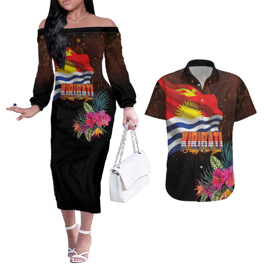 Kiribati Flag and Fireworks Couples Matching Off The Shoulder Long Sleeve Dress and Hawaiian Shirt First Place Welcome the New Year - Polynesian Pride