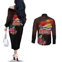 Kiribati Flag and Fireworks Couples Matching Off The Shoulder Long Sleeve Dress and Long Sleeve Button Shirt First Place Welcome the New Year - Polynesian Pride