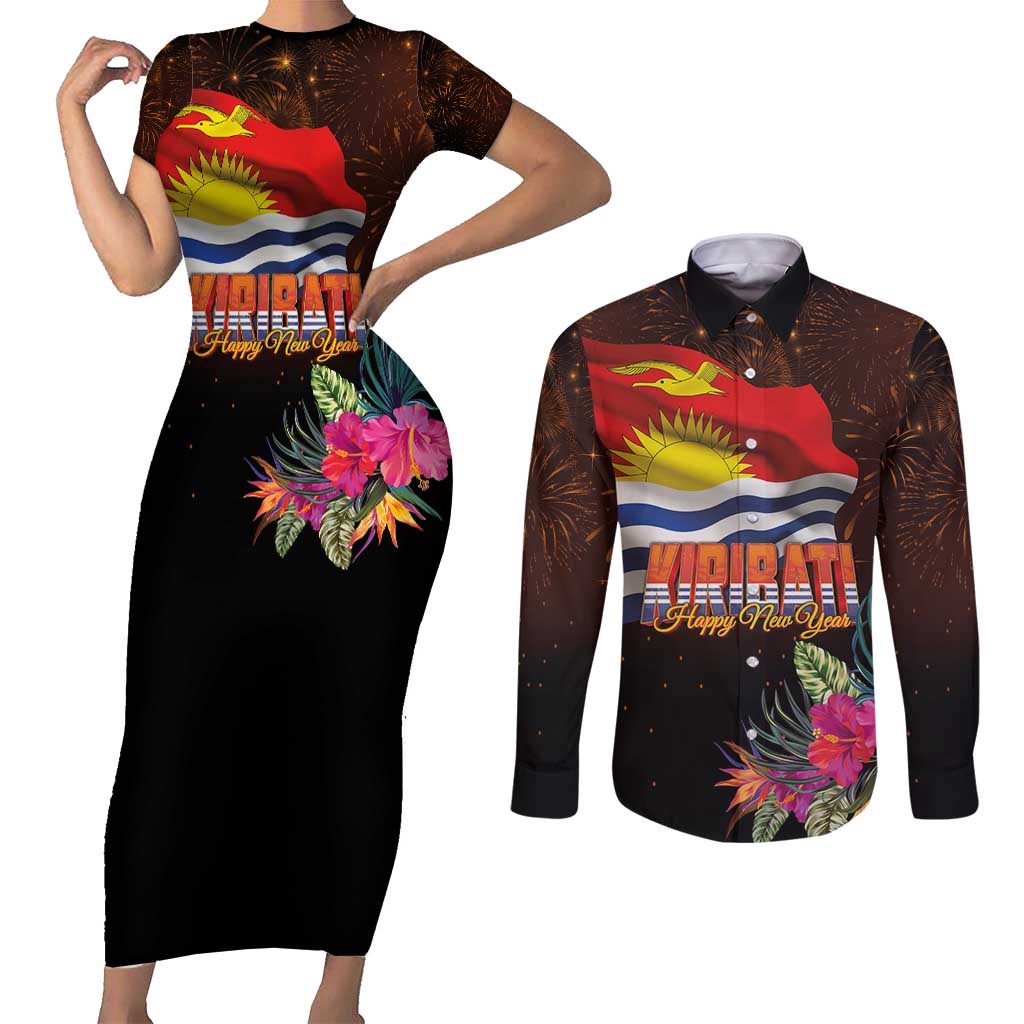 Kiribati Flag and Fireworks Couples Matching Short Sleeve Bodycon Dress and Long Sleeve Button Shirt First Place Welcome the New Year - Polynesian Pride