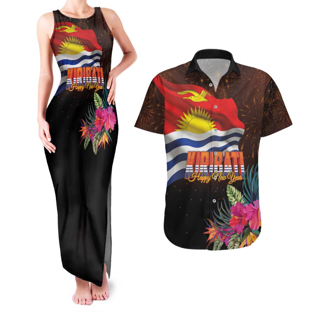 Kiribati Flag and Fireworks Couples Matching Tank Maxi Dress and Hawaiian Shirt First Place Welcome the New Year - Polynesian Pride