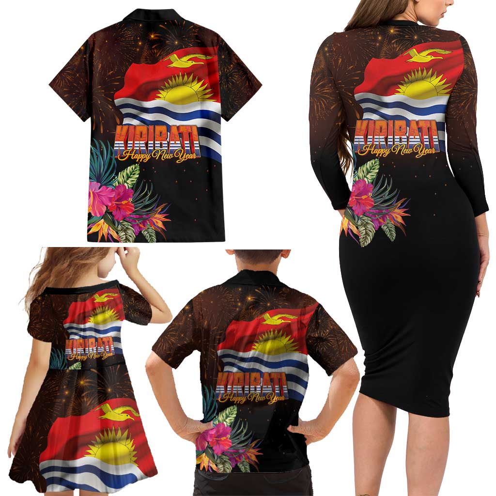 Kiribati Flag and Fireworks Family Matching Long Sleeve Bodycon Dress and Hawaiian Shirt First Place Welcome the New Year - Polynesian Pride