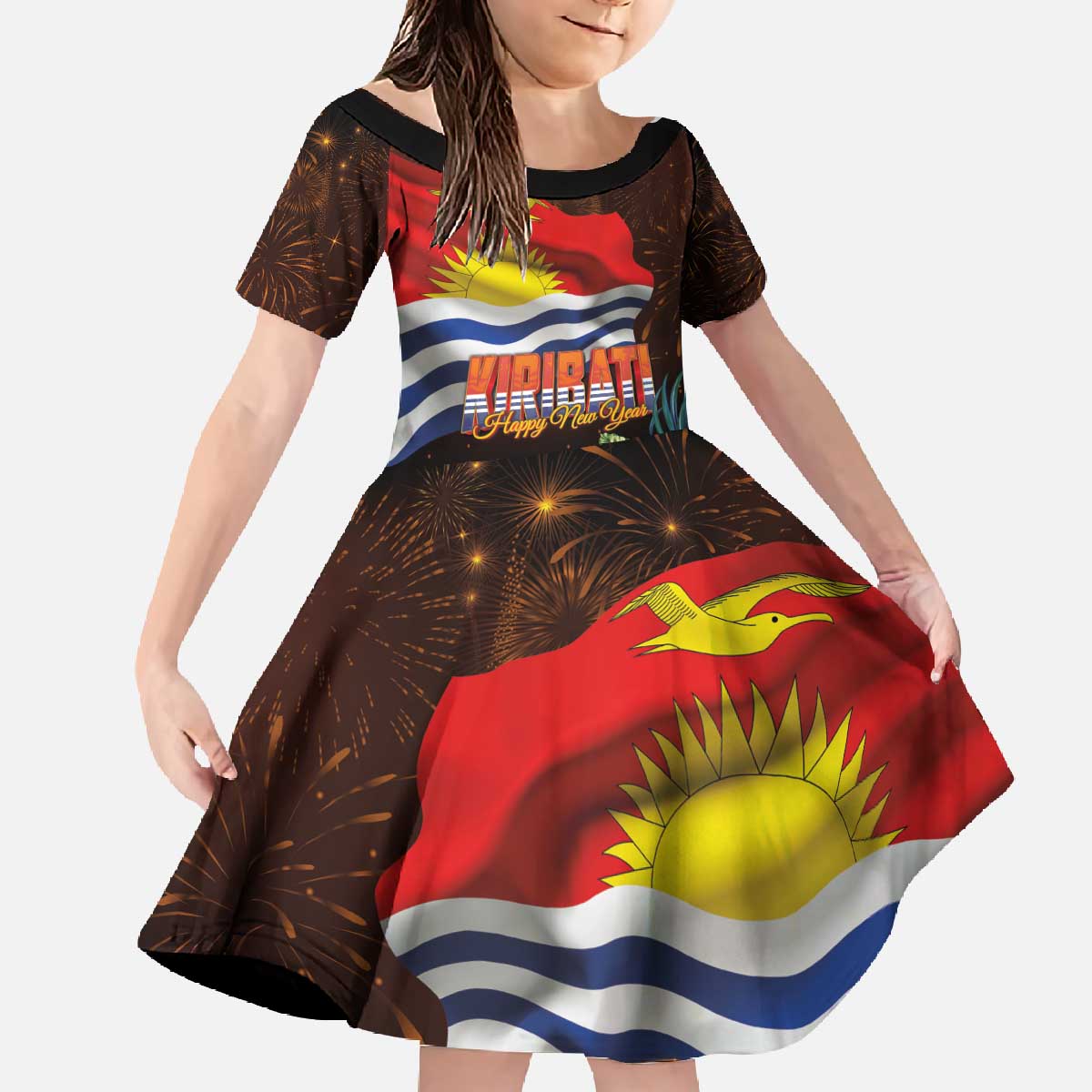 Kiribati Flag and Fireworks Family Matching Off The Shoulder Long Sleeve Dress and Hawaiian Shirt First Place Welcome the New Year - Polynesian Pride