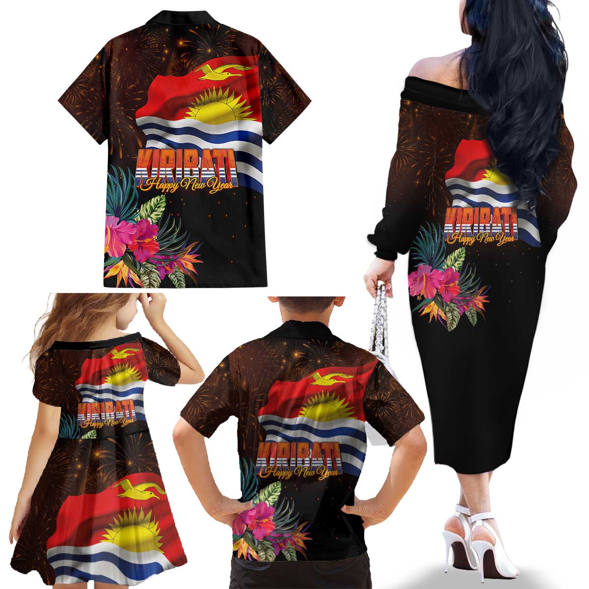 Kiribati Flag and Fireworks Family Matching Off The Shoulder Long Sleeve Dress and Hawaiian Shirt First Place Welcome the New Year - Polynesian Pride