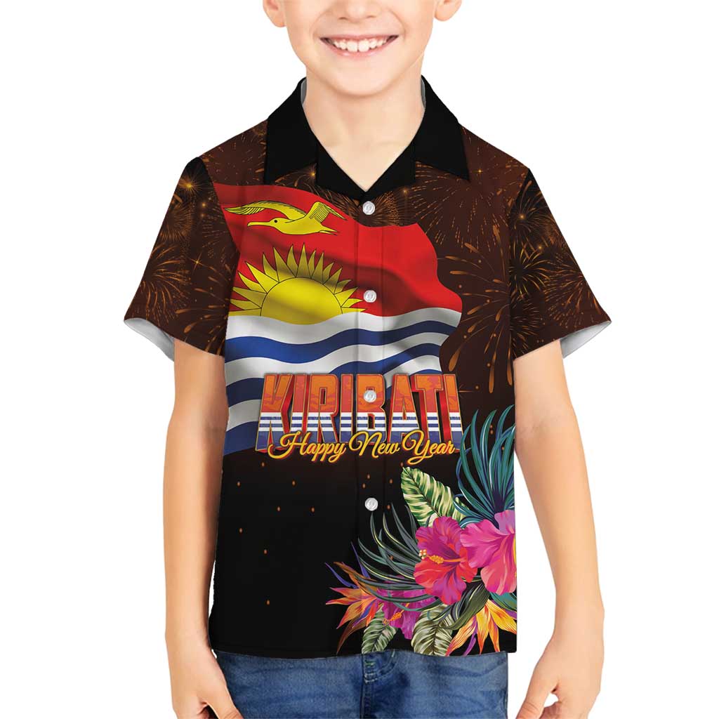 Kiribati Flag and Fireworks Family Matching Off Shoulder Short Dress and Hawaiian Shirt First Place Welcome the New Year - Polynesian Pride