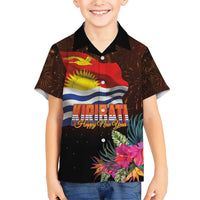 Kiribati Flag and Fireworks Family Matching Short Sleeve Bodycon Dress and Hawaiian Shirt First Place Welcome the New Year - Polynesian Pride