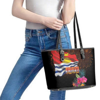 Kiribati Flag and Fireworks Leather Tote Bag First Place Welcome the New Year - Polynesian Pride