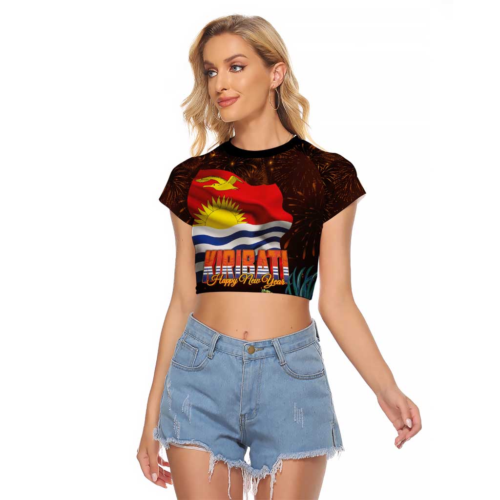 Kiribati Flag and Fireworks Raglan Cropped T Shirt First Place Welcome the New Year - Polynesian Pride