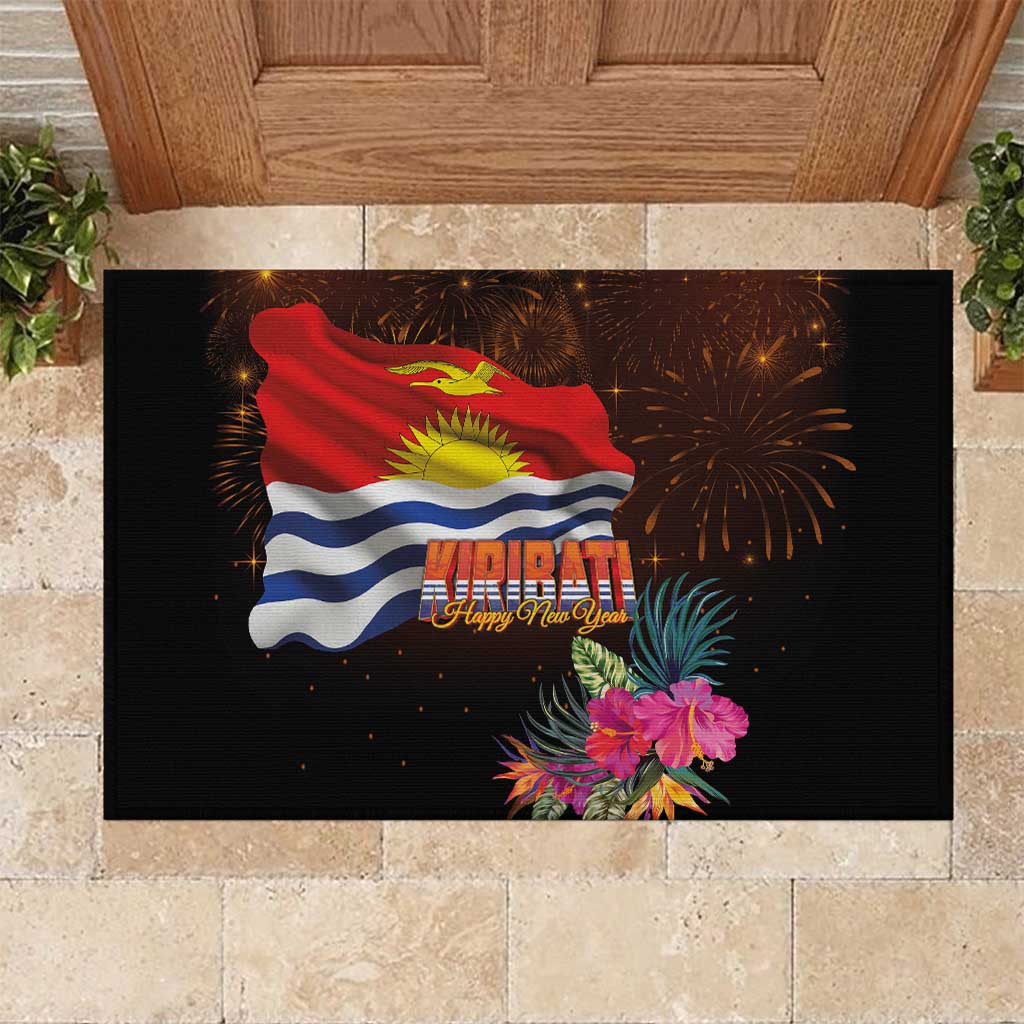 Kiribati Flag and Fireworks Rubber Doormat First Place Welcome the New Year - Polynesian Pride