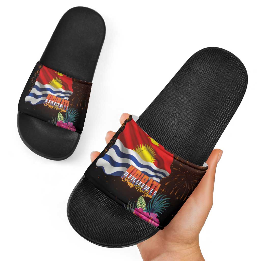 Kiribati Flag and Fireworks Slide Sandals First Place Welcome the New Year - Polynesian Pride