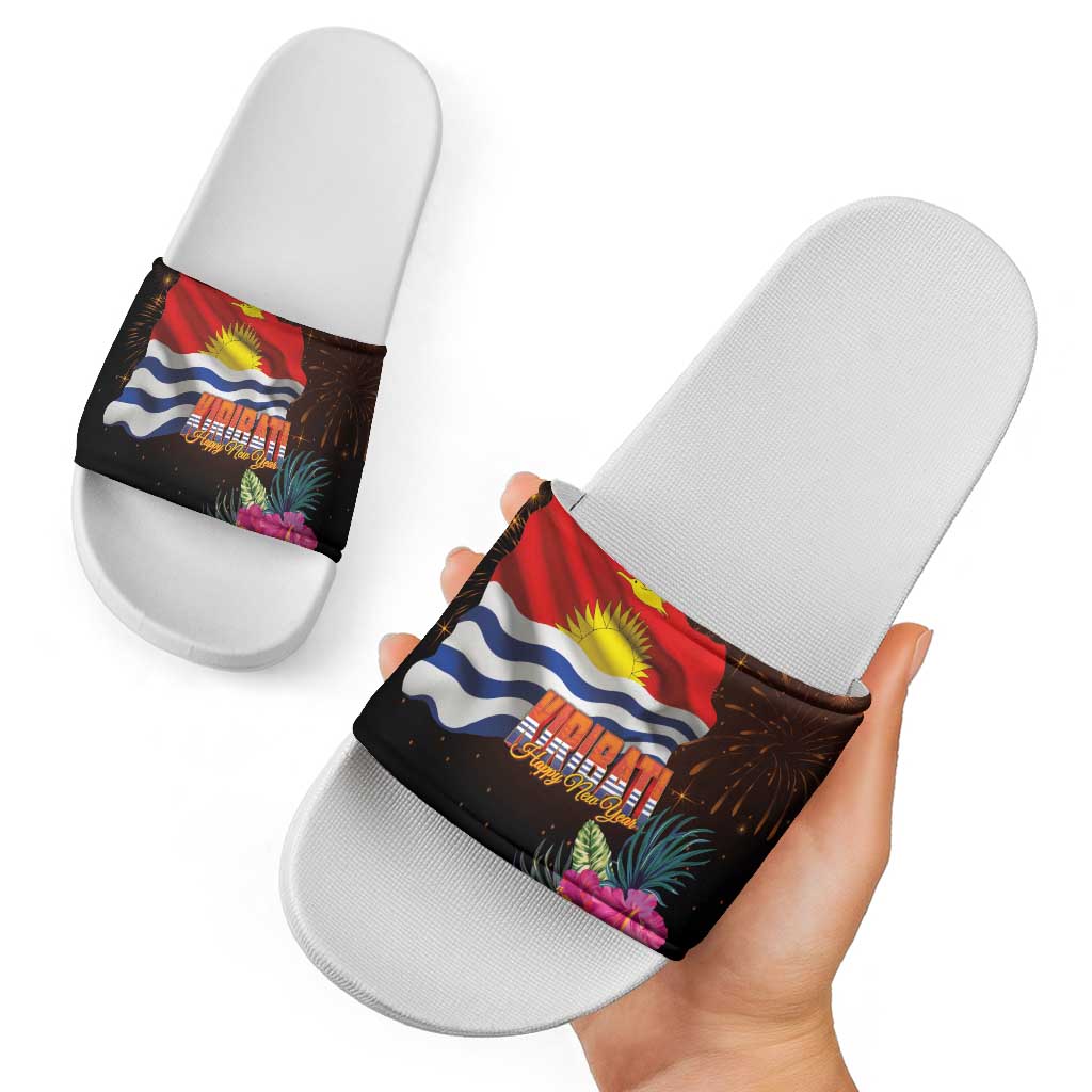 Kiribati Flag and Fireworks Slide Sandals First Place Welcome the New Year - Polynesian Pride