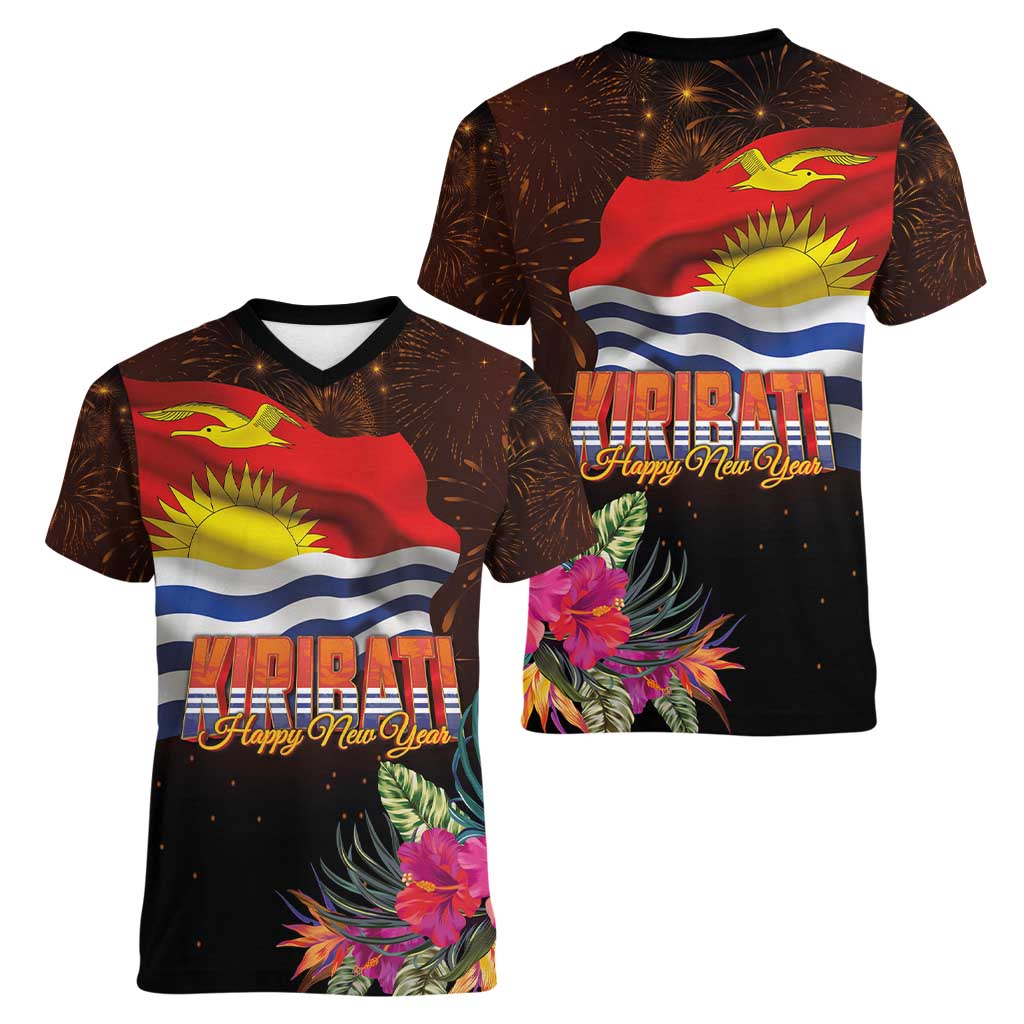 Kiribati Flag and Fireworks Women V-Neck T-Shirt First Place Welcome the New Year - Polynesian Pride
